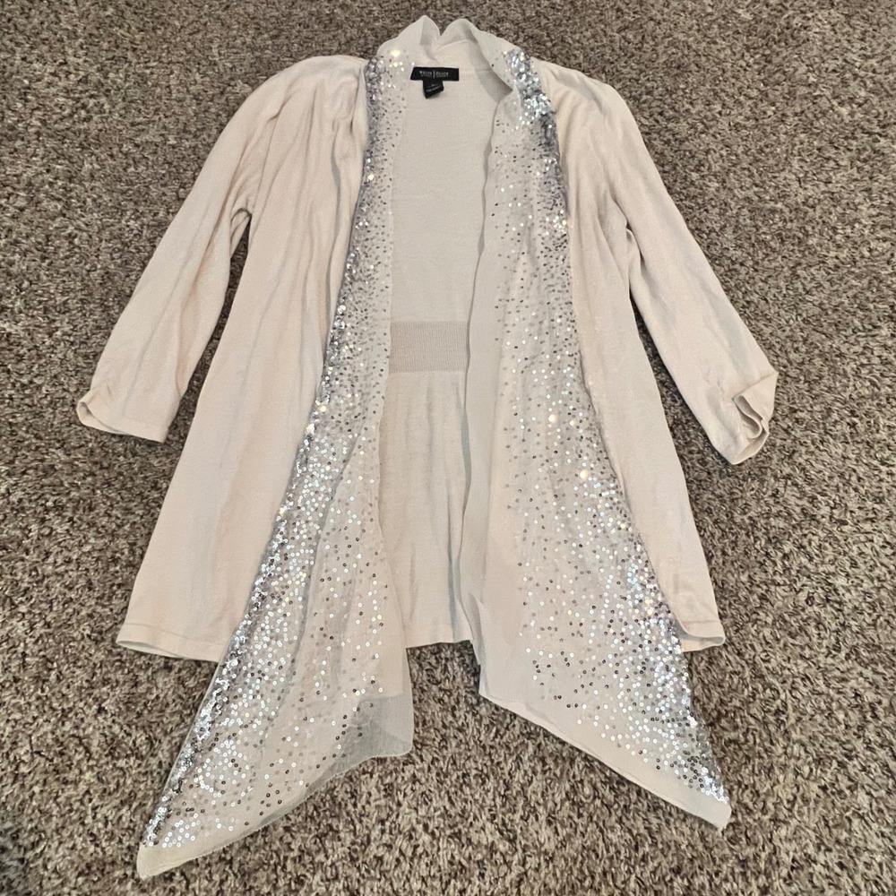 White House Black Market Cream Sequin Draped Open Front Cardigan Sweater Women S